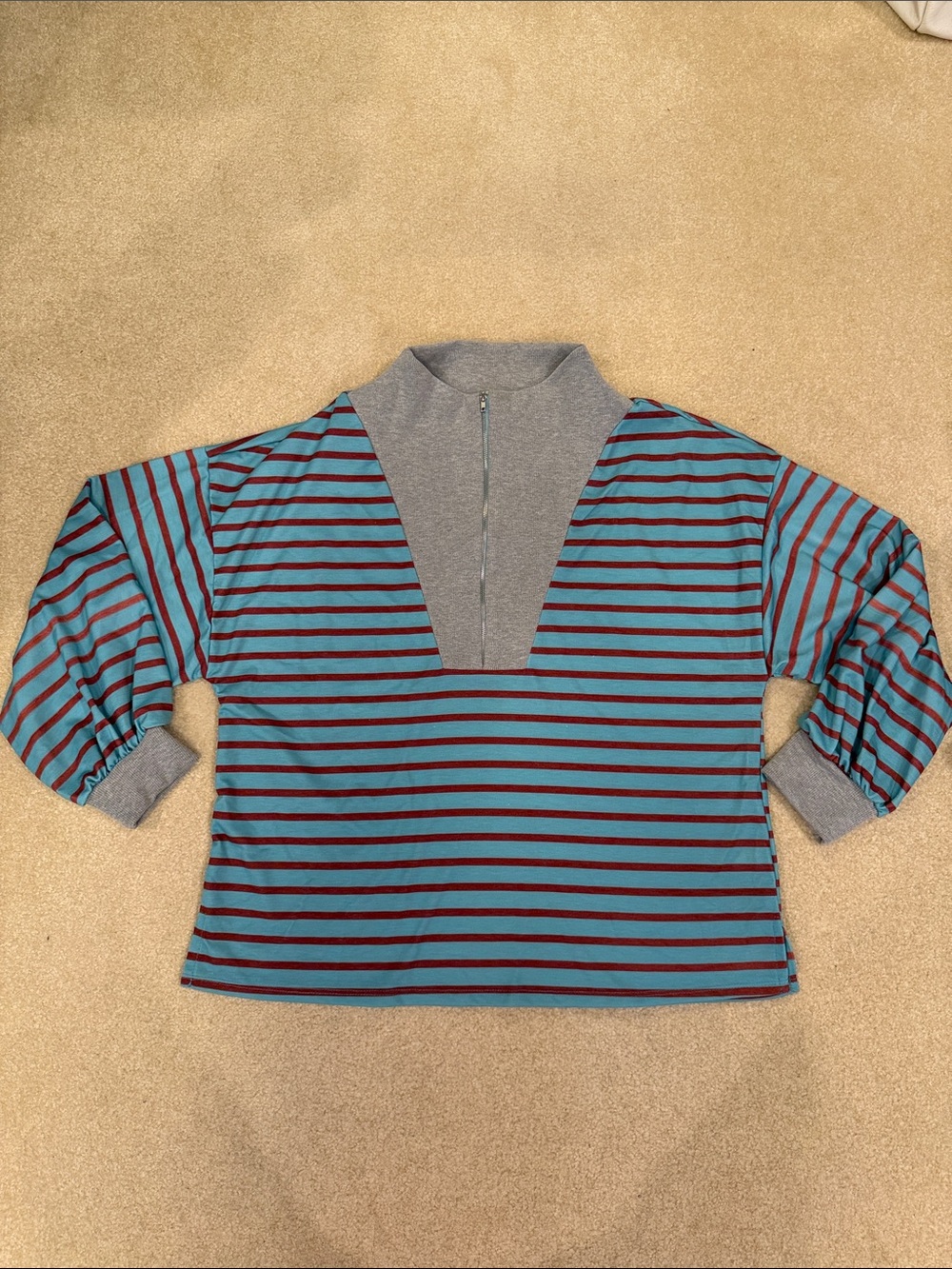 Striped Lightweight Quarter-Zip Pullover in Teal & Burgundy